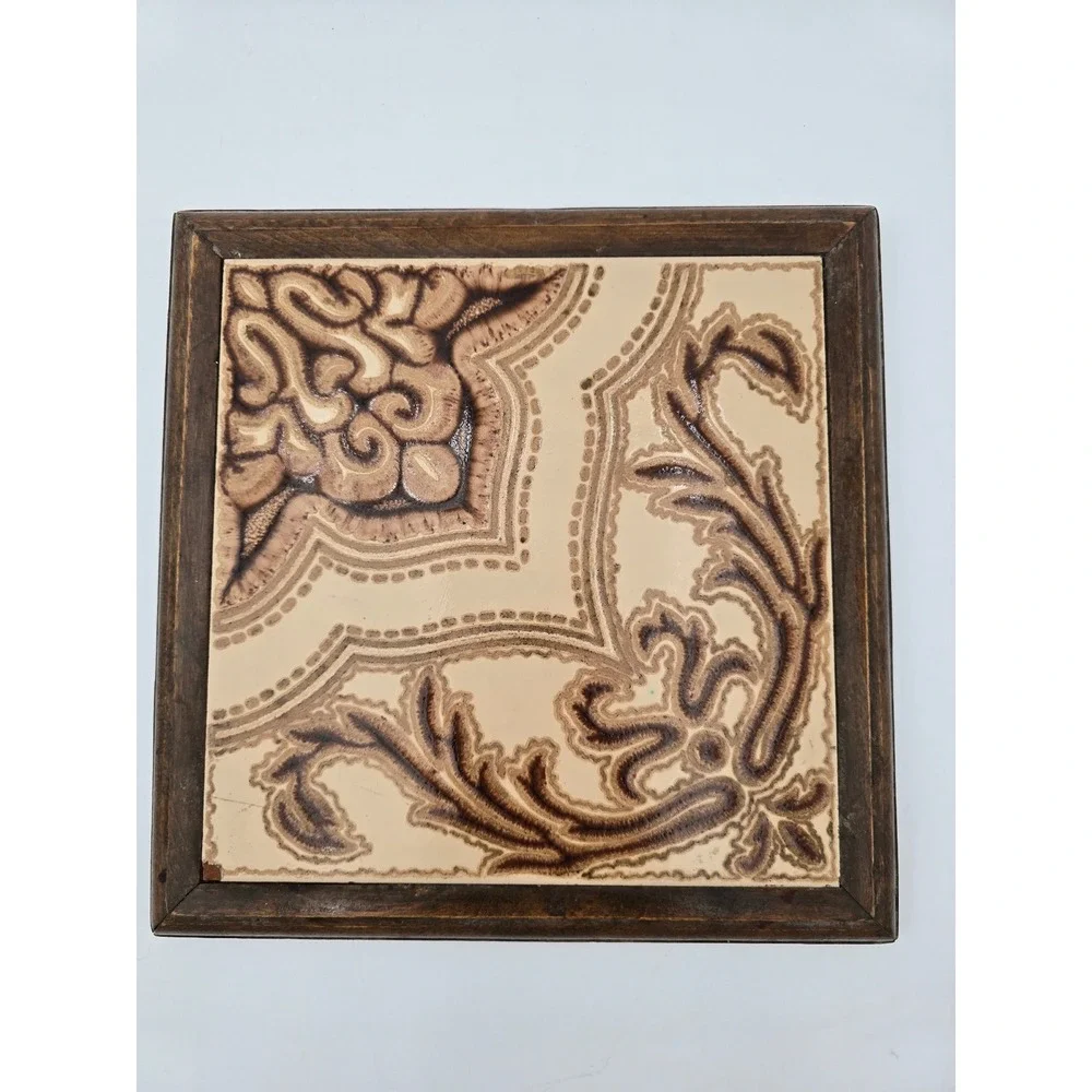 Vintage Framed Ceramic‎ Tile Made in Italy Brown Floral Scroll 9.25in
